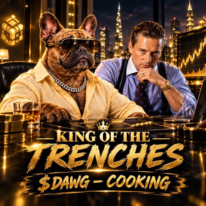An AI-generated promotional graphic styled like a movie poster titled 'KING OF THE TRENCHES - $DAWG - COOKING', featuring a French Bulldog wearing sunglasses alongside a man in a suit against a city skyline backdrop.