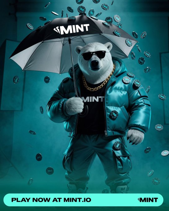 A promotional image for MINT featuring a polar bear wearing sunglasses, a gold chain, and a puffy jacket holding a branded umbrella, surrounded by MINT coins, with text reading "PLAY NOW AT MINT.IO".