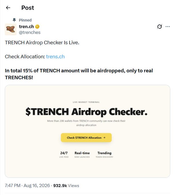 A pinned social media post from tren.ch announcing 'TRENCH Airdrop Checker Is Live' with details that 15% of TRENCH tokens will be airdropped to real TRENCHES community members.