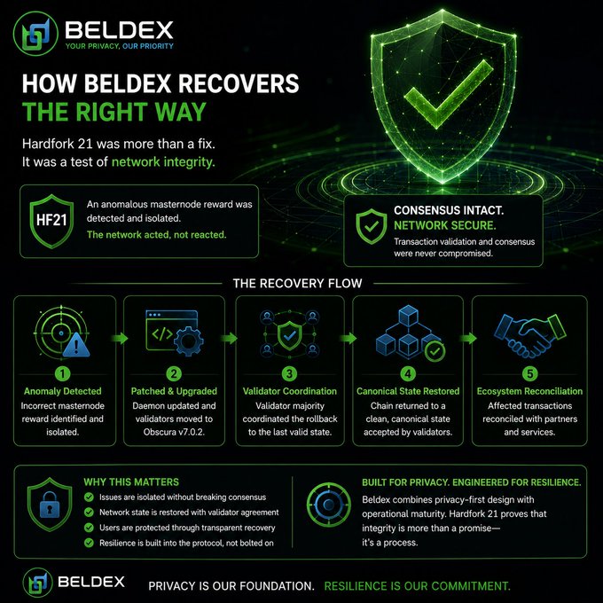 A Beldex infographic titled 'HOW BELDEX RECOVERS THE RIGHT WAY' detailing their Hardfork 21 response, showing 'HF21', 'OBSCURA v7.0.2', and a five-step recovery flow including 'Validator Coordination' and 'Canonical State Restored'.