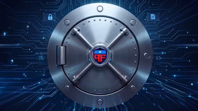 A digital illustration of a large metal bank vault door with a central logo featuring red letters and a star, set against a blue circuit board background with security icons.