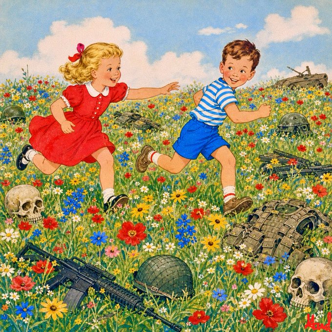 A blonde girl in a red dress and a boy in a striped shirt joyfully run hand-in-hand through a vibrant flower-filled meadow scattered with an assault rifle, skulls, helmets, a tank, and a tactical vest, directly contrasting innocent 1950s "Dick and Jane" imagery with grim modern warfare debris.