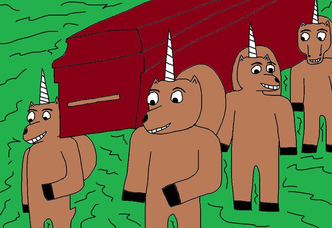 A crude cartoon drawing showing multiple brown bear-like creatures with unicorn horns (like 'Charlie the Unicorn' style bears) carrying a large red coffin across green grass.