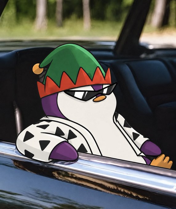 A cartoon penguin wearing an elf hat and sunglasses leans out of a car window, evoking a chill, confident "sidelined" vibe as the post warns about opportunistic meme coin launches amid market hype.