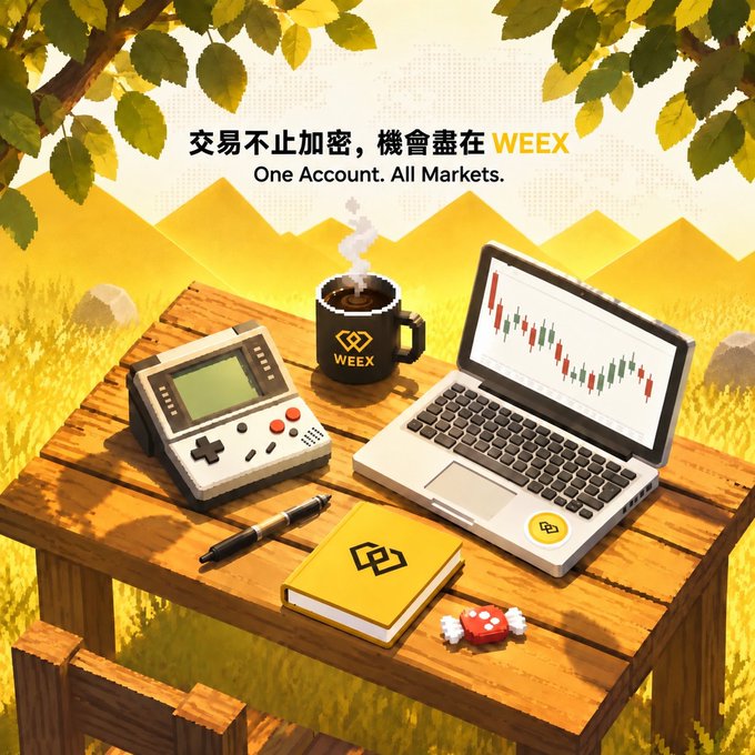 A pixel-art style advertisement for WEEX trading platform, showing a laptop with candlestick charts, a mug, handheld game device, and book on a wooden table, with text '交易不止加密,機會盡在 WEEX' and 'One Account. All Markets.'