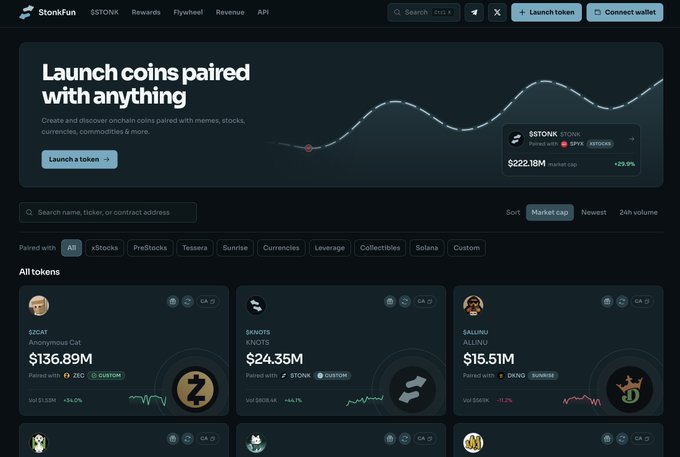 A screenshot of the Ston.fi platform homepage with the tagline 'Launch coins paired with anything', showing token cards for $ZCAT ($136.89M), $KNOTS ($24.35M), and $SALAMU ($15.51M).