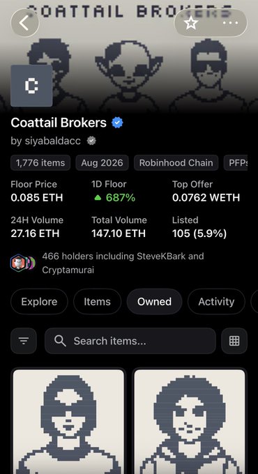 A mobile app screenshot displaying an NFT collection called "Coattail Brokers" with pixelated character art, a floor price of "0.085 ETH," and a 1D floor change of "687%."