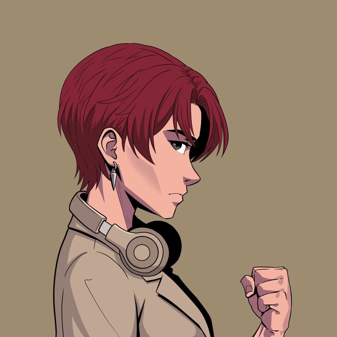 Anime-style illustration of a character with short red hair in profile view, wearing a beige jacket and headphones around their neck.