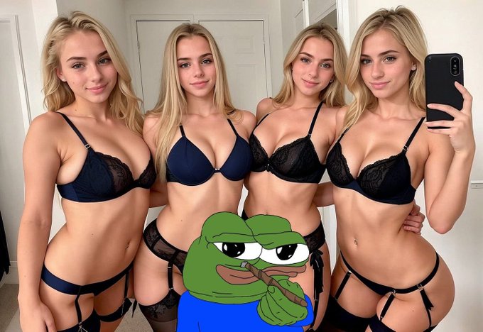 The image shows four women in dark lingerie posing together for a mirror selfie, with a Pepe the Frog cartoon character edited into the center making a dismissive gesture, visually mocking the "Lighter" project referenced in the post to emphasize that "Variational does everything better than Lighter."