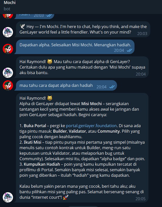 A chat interface with a bot named 'Mochi' discussing GenLayer, with messages in Indonesian about earning alpha tokens through 'Mochi Missions' including opening a portal, completing missions, and collecting rewards.