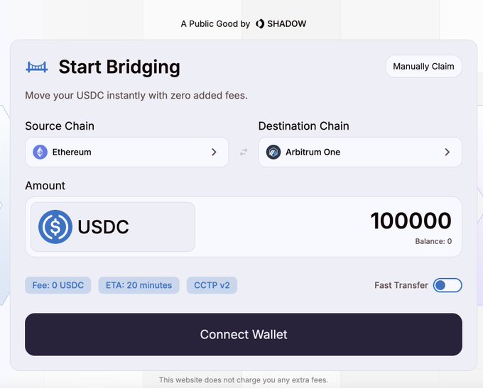 A screenshot of the 'SHADOW' bridging interface showing a USDC transfer of 100,000 from the Ethereum source chain to the Arbitrum One destination chain, with zero added fees.