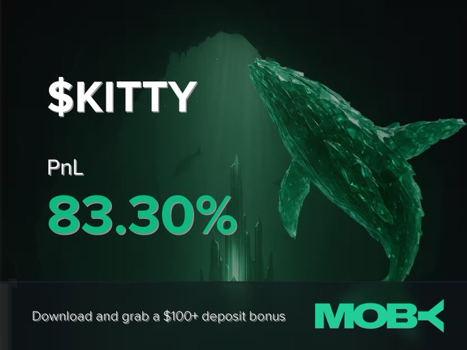 A stylized promotional graphic from Moby features a translucent green whale alongside the text "$KITTY" and a PnL of "83.30%", with a call-to-action reading "Download and grab a $100+ deposit bonus" and the Moby logo at the bottom, highlighting the trader's profitable close on the $KITTY position.