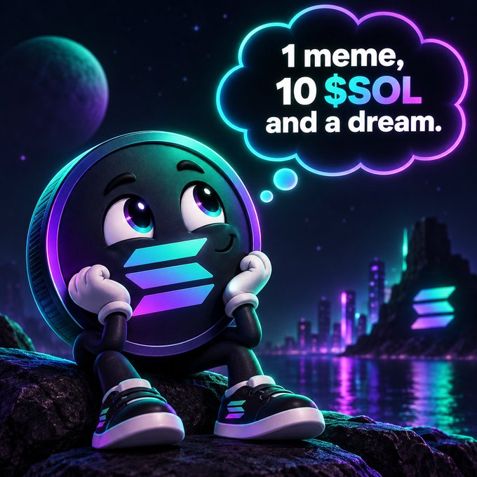 An animated Solana coin character wearing sneakers sits on a rock at night, daydreaming with a thought bubble that reads '1 meme, 10 $SOL and a dream.'