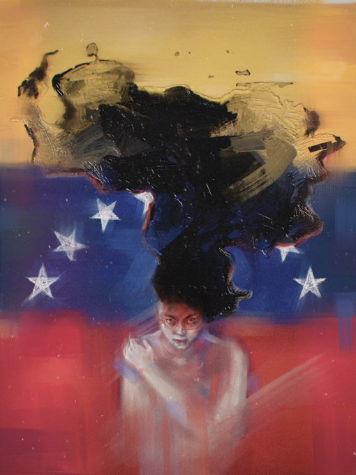 A painting depicting a figure with a swirling, smoky form rising from her head, set against a backdrop resembling a stylized flag with white stars on blue and red and yellow bands, symbolizing the theme of "Resiliencia."