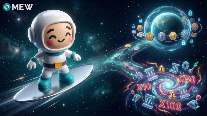 A cartoon astronaut character surfing in space next to a crypto-themed Earth with coins, padlocks, and multipliers 'X10', 'X50', 'X100', branded with the MEW logo.