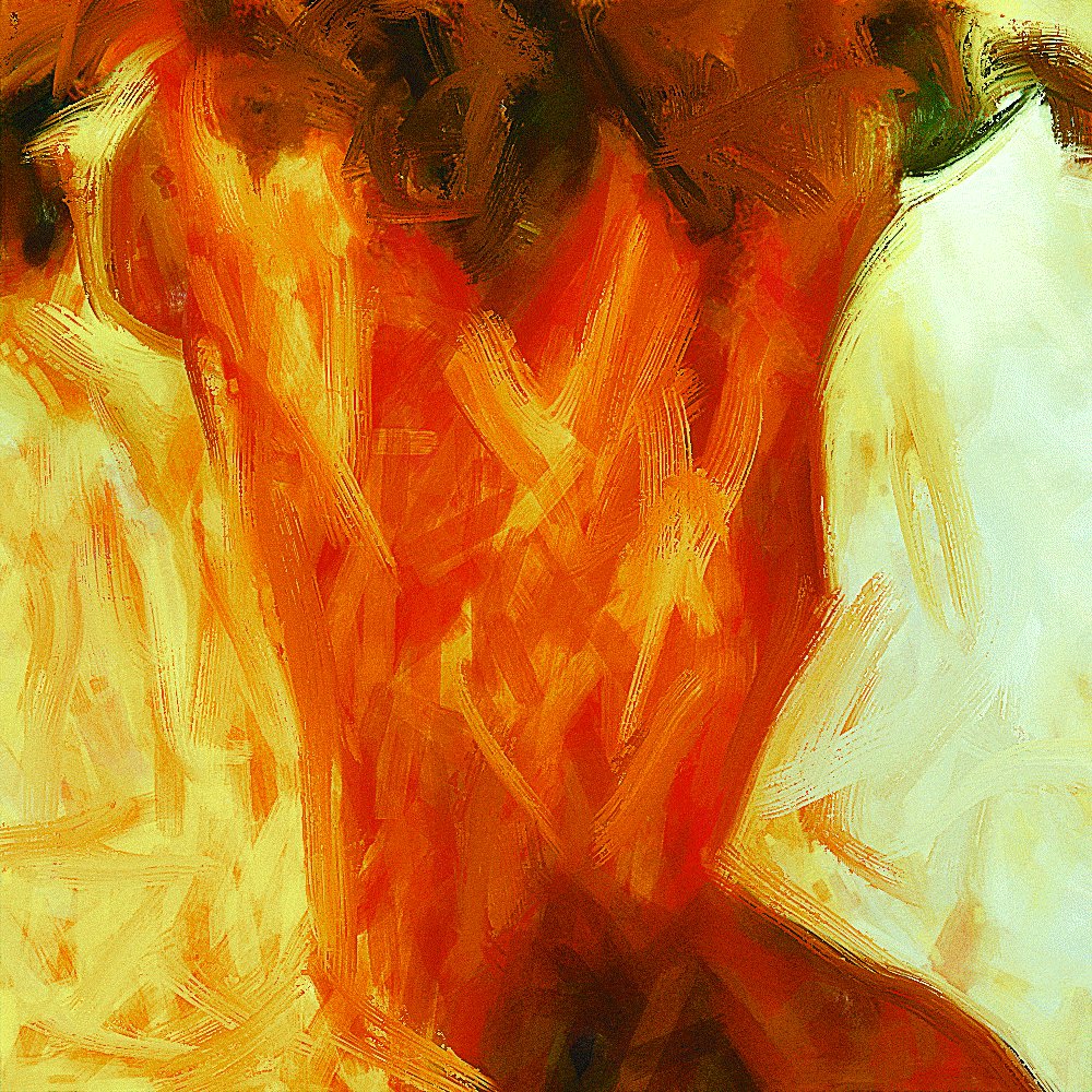 The image features a painting of a person's back with an abstract style, painted in shades of orange and brown. The background appears to be white, which contrasts with the warm tones used for the body art. The artist has also included some text that reads "Objkt collection Day #89 In Flames by @NegativeVibrat1 Collected - 19 Jul 2021". This suggests that this artwork is part of a larger collection or series and was created on a specific date, possibly in the year 2091.