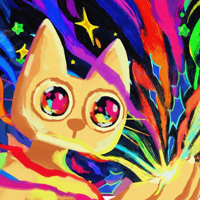 A vibrant, colorful digital illustration of an orange cat with large reflective eyes set against a chaotic background of neon paint strokes and star shapes.