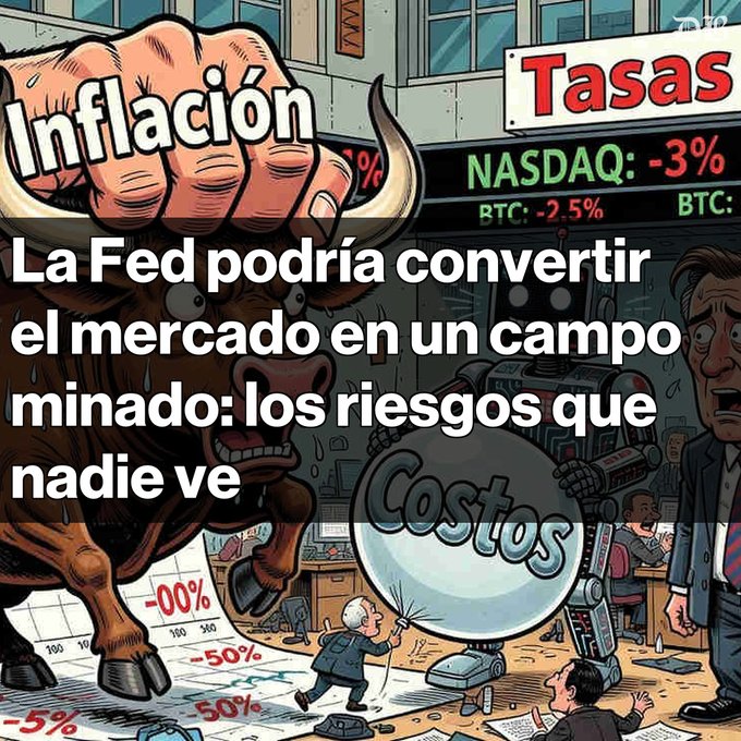A cartoon illustration showing a charging bull labeled 'Inflación' stomping on graphs, with traders panicking over a 'Costos' weight, a 'Tasas' sign, and stock tickers including 'NASDAQ: -3%' and 'BTC: -2.5%'; overlaid text reads 'La Fed podría convertir el mercado en un campo minado: los riesgos que nadie ve'.