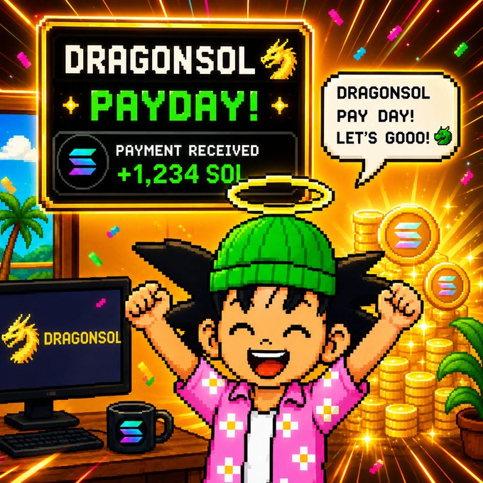 A colorful pixel-art style illustration celebrating "DRAGONSOL PAYDAY!" showing a payment received of +1,234 SOL, with a character in a pink shirt and green hat cheering next to a computer and stacks of Solana coins.