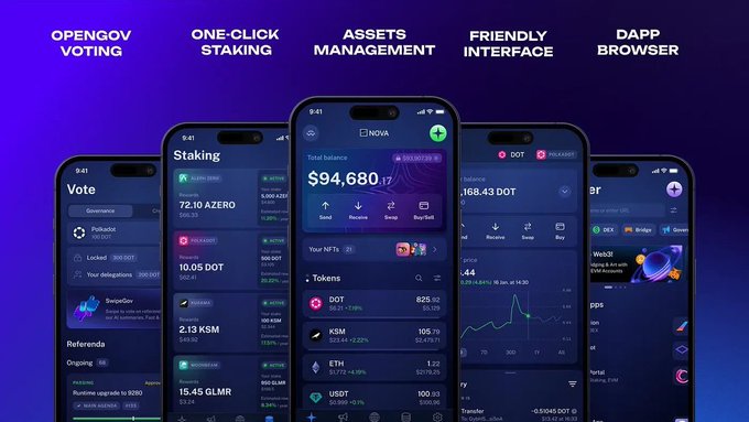 The image shows a collection of five cell phones, each displaying different information about a cryptocurrency called Nova Wallet. The phones are arranged vertically, showcasing various features and benefits of the wallet. One phone displays its name, while another shows that it works with Polkadot and related networks. The remaining four phones display different aspects of the wallet's functionality or interface. This image is likely used to provide information about the Nova Wallet app for potential users who are interested in trying out this cryptocurrency management tool.