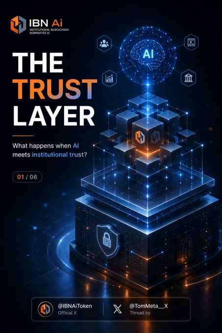 A promotional graphic for IBN AI reading 'THE TRUST LAYER - What happens when AI meets institutional trust?' with a 3D rendered cube and brain icon.