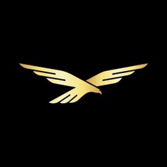 A minimalist gold eagle logo on a black background, resembling the Twitter/X icon but with stylized feathered wings forming the bird's shape.