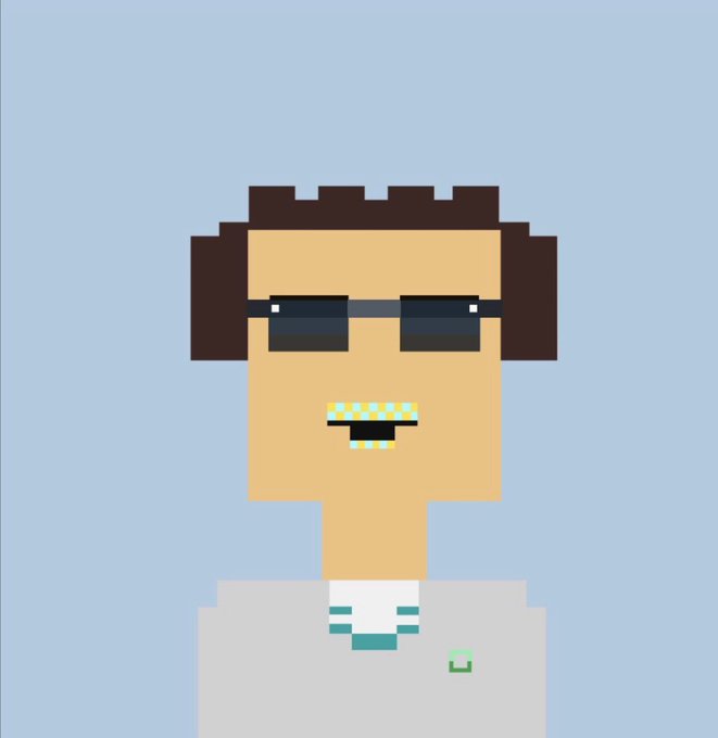 A pixel art portrait of a character with brown hair, black sunglasses, a gold toothy smile, and a white shirt against a light blue background.