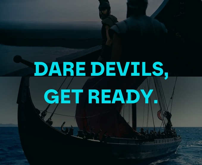 The image shows a Viking longship at sea with warriors aboard, overlaid with the bold cyan text "DARE DEVILS, GET READY." The post discusses Hertzflow (HzLP), where traders use extreme 1000x leverage to gamble on gold and US stocks, framing LPs as the "daredevils" taking the opposing side to earn from trading fees and other revenue streams.