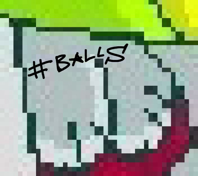 A pixelated close-up image featuring handwritten black text reading '#BALLS' against a background of green leaves, white frosting, and red filling.