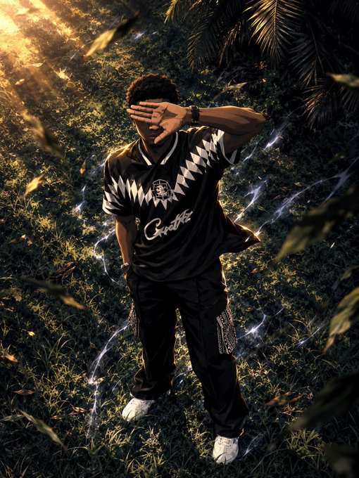 A stylized digital artwork of a young man in a black patterned jersey standing in a forest with sunlight filtering through, his hand covering his face as glowing energy swirls around him.