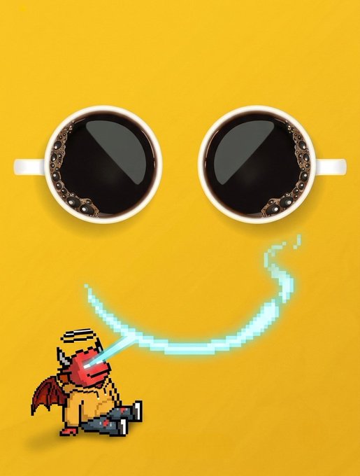 A pixel art illustration of an angel-themed character with a red helmet, wings, and a halo holding a large gun that shoots a blue energy beam up to two coffee cups arranged to look like eyes on a yellow background.