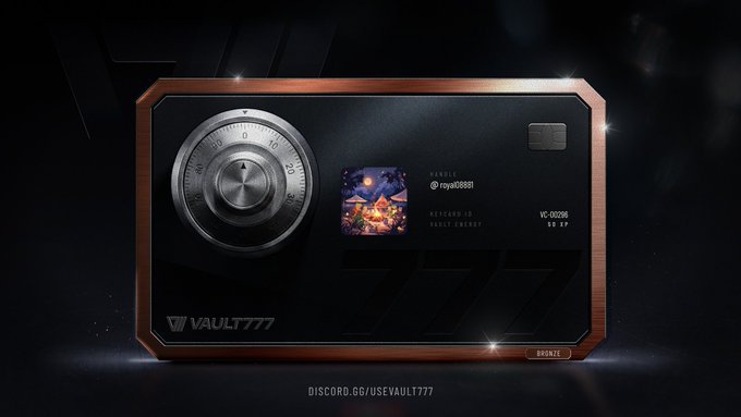 A digital 'VAULT777' bronze-tier reward card (VC-00298) featuring a combination dial, space-themed artwork, and Discord handle @usevault777.