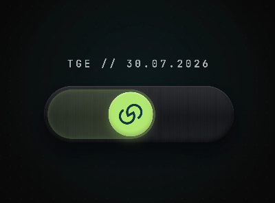 A dark graphic displays 'TGE // 30.07.2026' above a green link icon, likely promoting a token generation event.