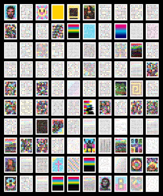 A 10x10 arrangement of 100 colorful pixel-art style tiles featuring various patterns, designs, and abstract images on a black background, reflecting the participatory art project mentioned in the post.
