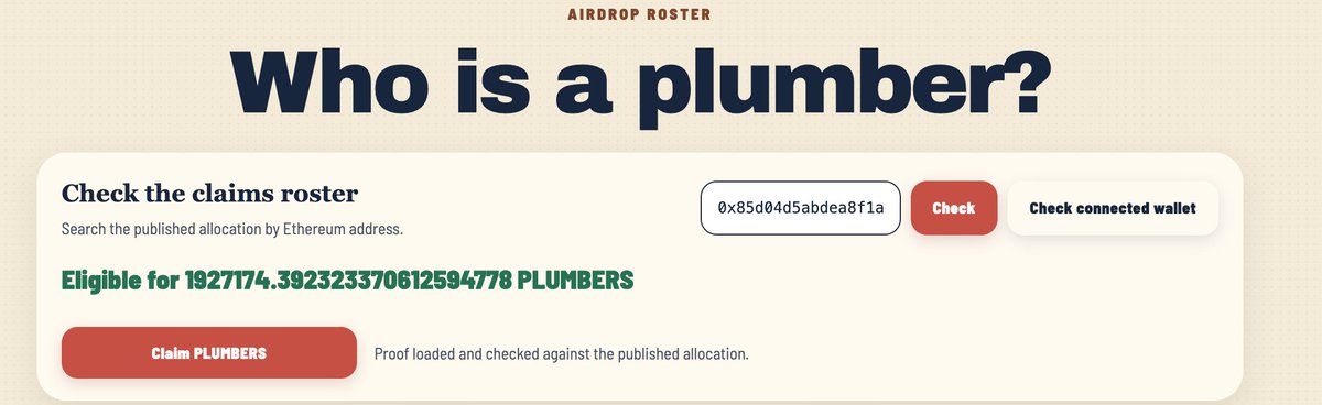 A web interface asks "Who is a plumber?" and displays an "AIRDROP ROSTER" search bar for an Ethereum address, showing a result eligible for "1927174.392323370612594778 PLUMBERS" with a "Claim PLUMBERS" button.