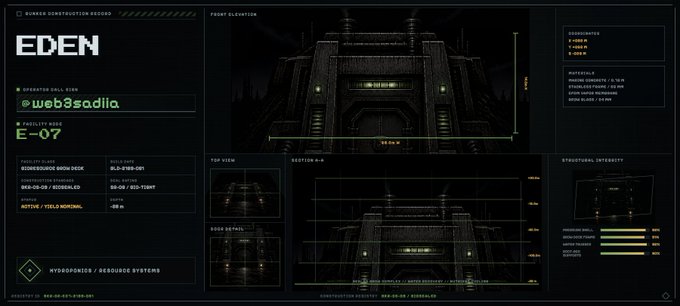 A detailed sci-fi technical schematic titled "EDEN" displays various structural views of a dark fortress-like building, including dimensions and facility class "E-07".