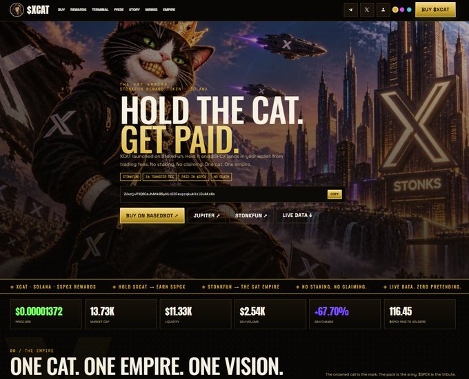 A screenshot of the '$XCAT' cryptocurrency website with the slogan 'HOLD THE CAT. GET PAID.', showing prices like '$0.00001372' and stats such as '13.73K' market cap.