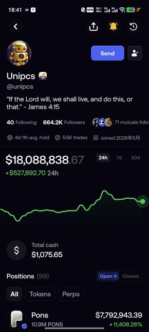 A Twitter profile screenshot of "Unipcs" (@unipcs), a crypto trader with 664.2K followers, showing a portfolio worth $18,088,838.67 (+$527,892.70 in 24h) with $1,075.65 total cash and 99 open positions including 10.9M PONS worth $7,792,943.39. The image relates to the post as it highlights Unipcs as a influential crypto figure whose attention to projects on the LONG platform could drive interest in lesser-known tokens like SPACEHOOD.