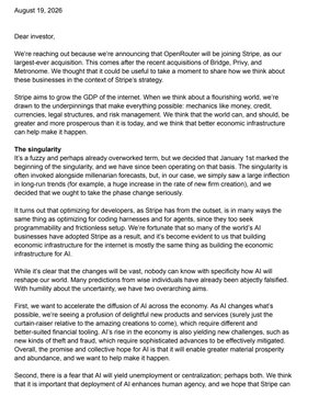 A letter from Stripe CEO Patrick Collison dated August 19, 2020, titled "The singularity," discussing Stripe's progress, the growth of the internet economy, and the impact of AI on businesses. The shared post highlights the broader context of macroeconomic growth and Ethereum's potential role as the default platform amid systemic disruption.