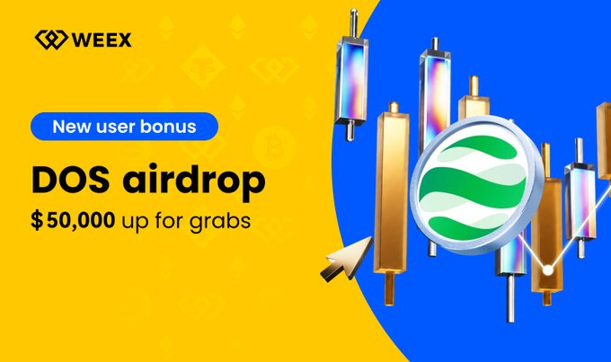 A WEEX promotional banner advertises a new user bonus featuring a "$50,000 DOS airdrop up for grabs," with the WEEX logo, candlestick charts, and a green DOS token emblem displayed alongside. The design visually reinforces the limited-time airdrop event highlighted in the accompanying post, encouraging users to sign up and trade for rewards.