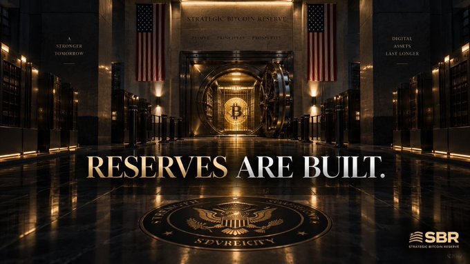 A dramatic promotional image for the Strategic Bitcoin Reserve (SBR) with the text 'RESERVES ARE BUILT.' featuring American flags and a golden vault with a Bitcoin symbol.