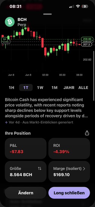 The image features an iPhone displaying a smartphone app that displays information about Bitcoin Cash, a digital currency with a recent report stating decreased volatility due to sharp declines below key support levels. The text indicates that Bitcoin Cash has experienced significant increases over time.