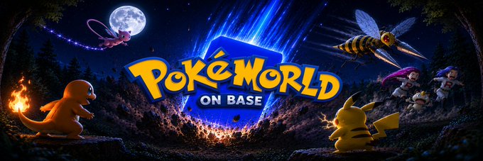 A promotional banner for 'PokéWorld on Base' featuring a Charmander, Pikachu, bee, and other creatures against a moonlit forest background.