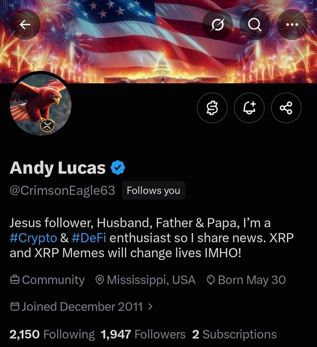 A Twitter/X profile for Andy Lucas (@CrimsonEagle63), a verified account with an eagle avatar and American flag banner, bio describing him as a 'Jesus follower, Husband, Father & Papa' and #Crypto & #DeFi enthusiast focused on XRP.