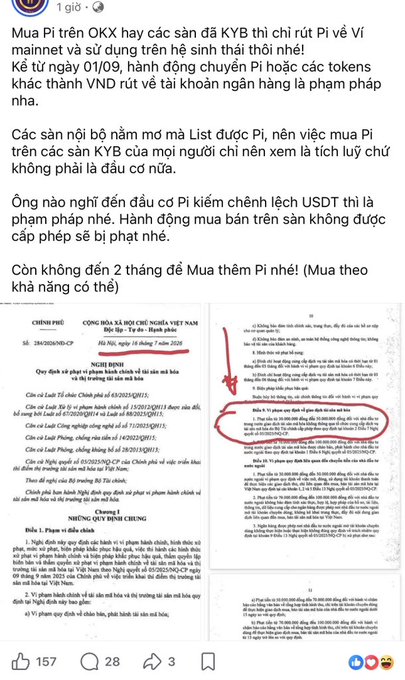 A Facebook post warning about Pi coin OKX withdrawal scams includes Vietnamese text about converting Pi to VND and shows an attached official Vietnamese government document (Công văn số 284/2026).