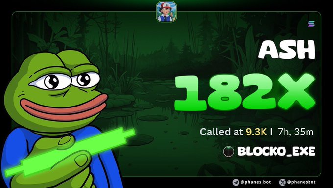 A graphic featuring a Pepe frog holding a laser gun with "ASH" and "Called at 9.3K | 7h, 35m BLOCKO_EXE" text, watermarked "@phanes.bot".