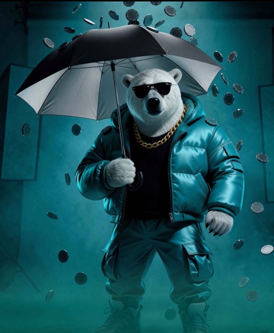 A cool polar bear wearing sunglasses, a gold chain, and a teal puffer jacket stands under a black umbrella amid falling coins, embodying the playful, earn-while-you-play vibe of @playonmint's gaming NFT platform.