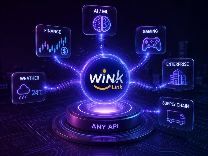 WINkLink's Any API hub connects external services—including AI/ML, finance, gaming, weather, enterprise, and supply chain—to TRON smart contracts via oracle technology. The glowing neural-style network illustrates how real-world data flows into Web3 applications, enabling use cases well beyond DeFi.

Key visible text: "wink Link," "ANY API," and category labels (AI/ML, Finance, Gaming, Weather, Enterprise, Supply Chain).