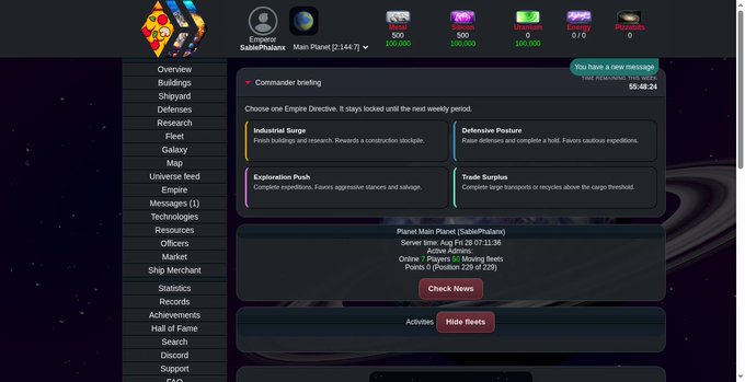 A browser-based space strategy game screenshot displays the Empire SablePhauna dashboard, showing resources, a Commander briefing with four directive options (Industrial Surge, Defensive Posture, Exploration Push, Trade Surplus), and a countdown of 5h 48m 32s.