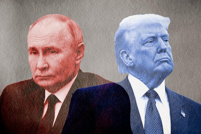 A digitally altered illustration showing Vladimir Putin in red tones on the left and Donald Trump in blue tones on the right against a textured gray background.